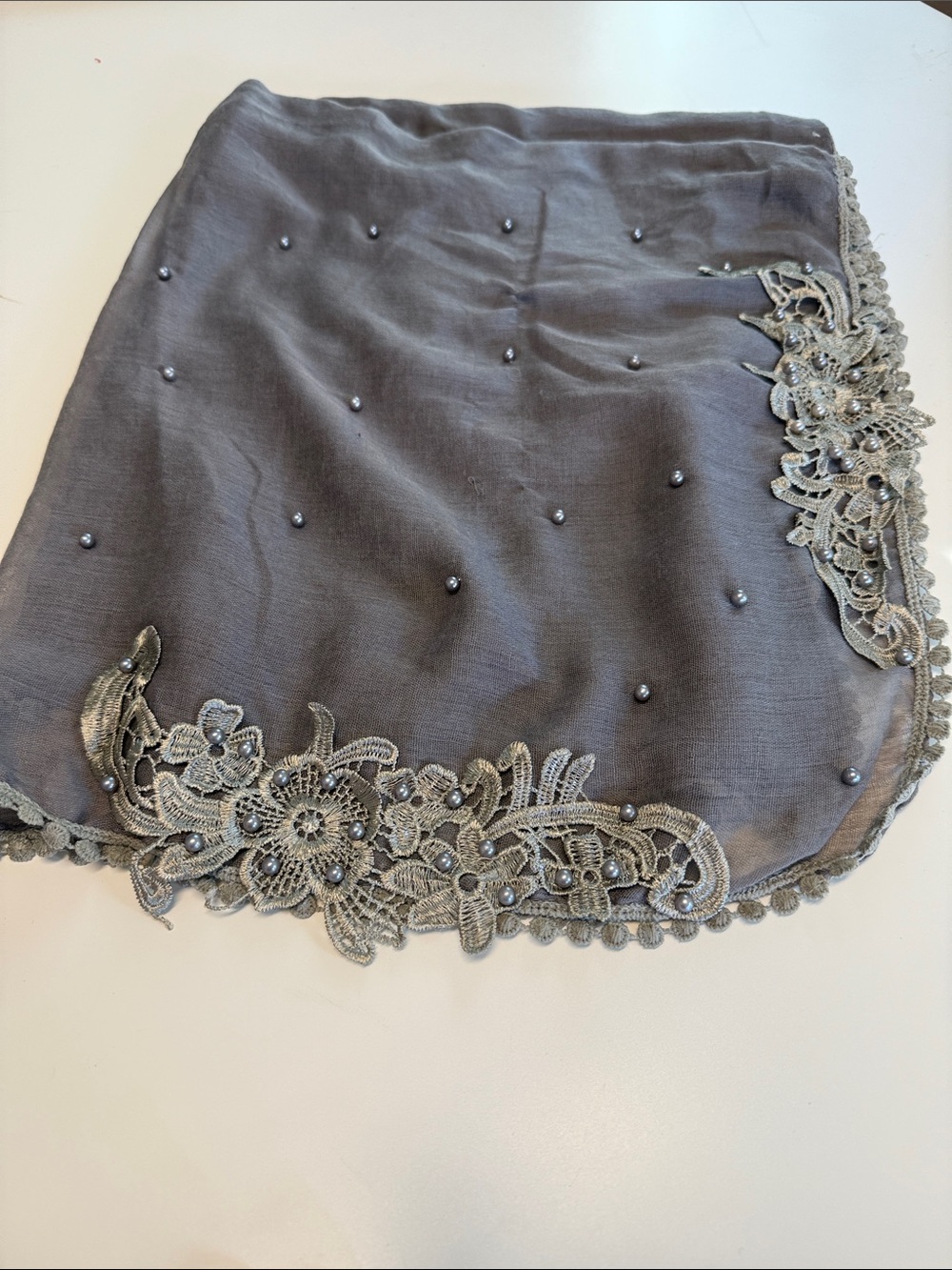 Brand New soft cotton Grey Embellished Lace-Trim Scarf shawl